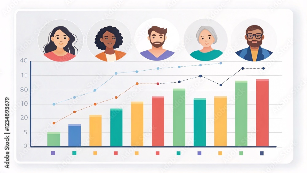 Poster diverse group of business professionals analyzing data trends office setting infographic display col