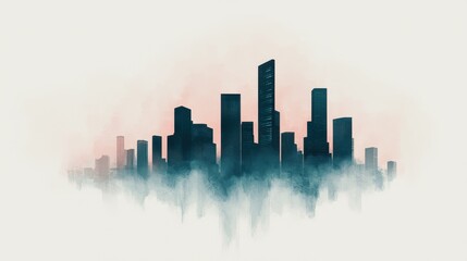A misty skyline silhouette with tall buildings, evoking a serene and modern urban atmosphere.