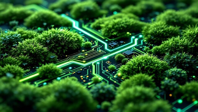 An innovative green tech concept showcasing sustainable technology usage with eco-friendly devices and renewable energy solutions for a cleaner environment.