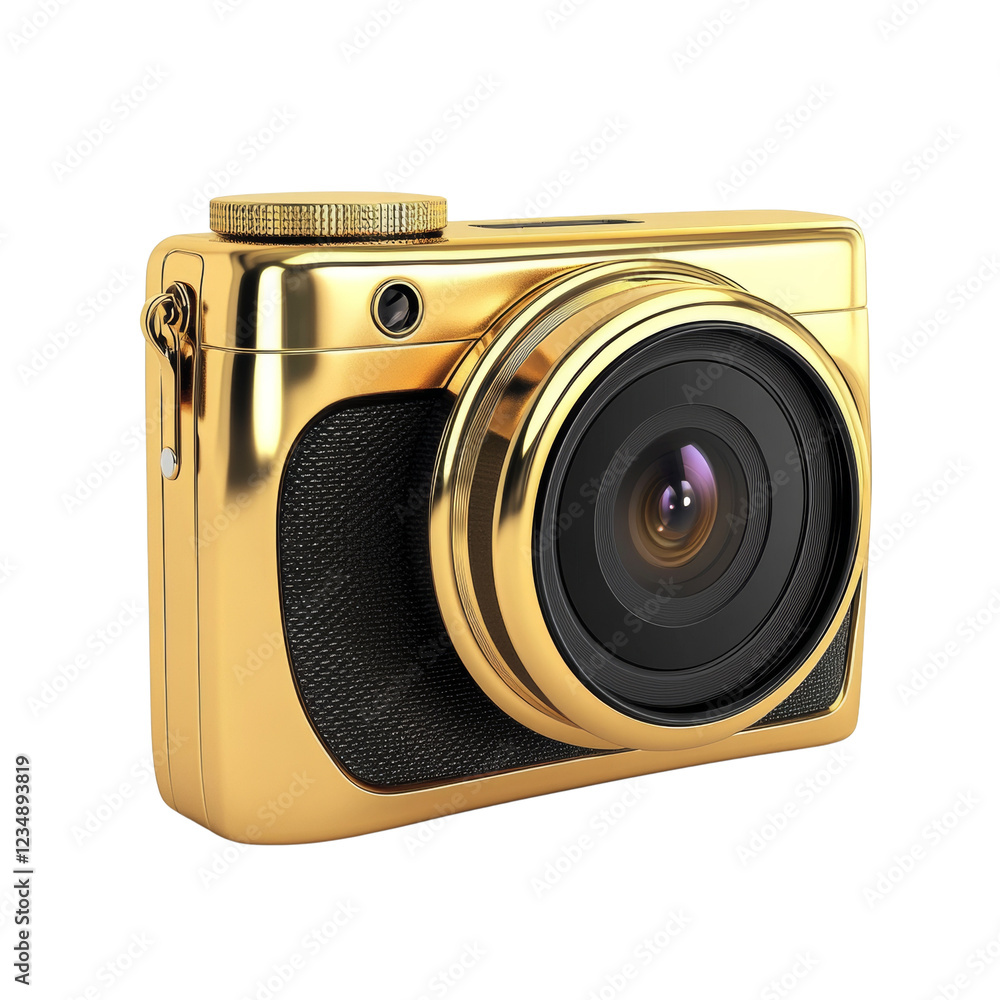 Poster The image shows a 3D rendering of a gold-plated digital camera with a large lens emphasizing its luxurious design.