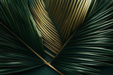 Close up of overlapping green and gold palm leaves