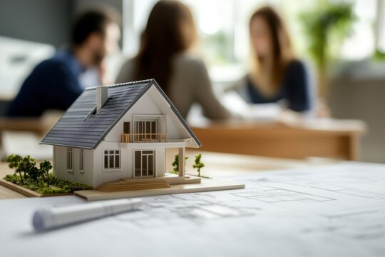 Wooden architectural model of a house on blueprints with a couple discussing their future home in the background, symbolizing real estate planning and construction