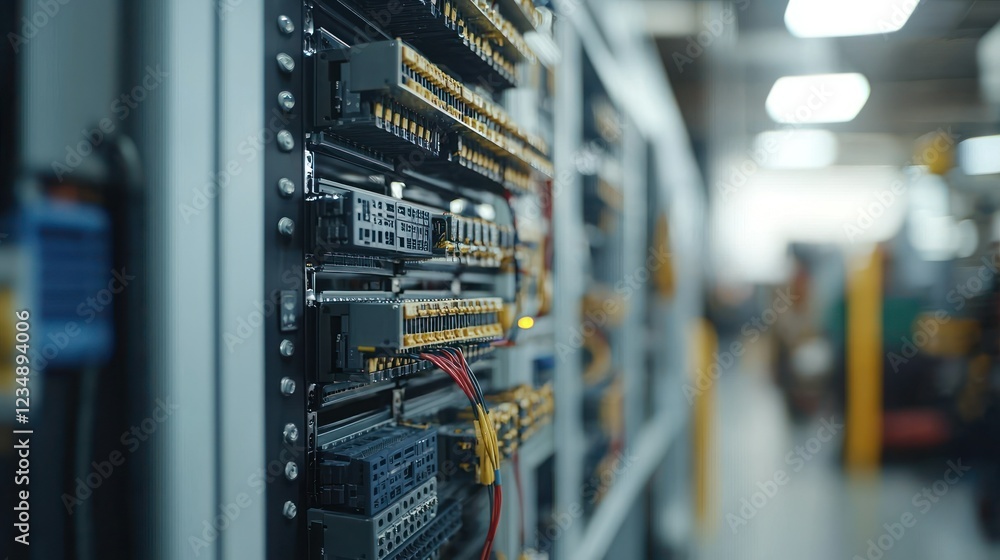 Poster server rack close-up in factory with blurred background