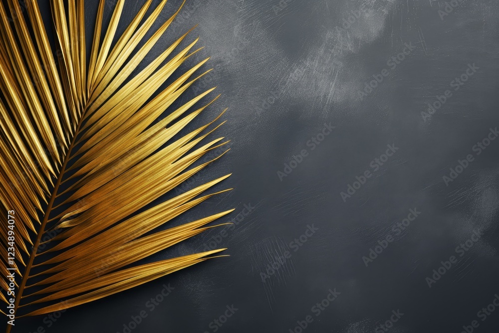 Poster golden painted palm leaf creating a luxurious and elegant feel on a textured dark gray background wi