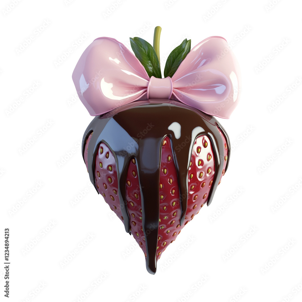 Poster a single strawberry dipped in dark chocolate and adorned with a pink bow, creating a decadent and ro