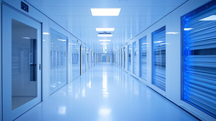 A high-tech storage facility with a spacious layout, featuring neatly arranged goods, automated inventory tracking, and advanced security systems. The pristine white and blue lighting enhances the fee
