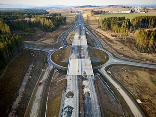 Aerial view of the newly finished bypass around Ceske Budejovice town, improving traffic flow and...