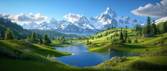 Fototapeta premium Serene Mountain Landscape at Dawn Majestic Peaks Against Blue Sky with Trees Silhouetted Nature Photography