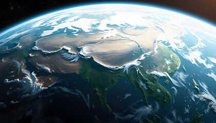 Planet earth and the asian continent seen from space, realistic, with white tones