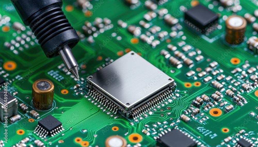 Poster a close-up of a circuit board with a microchip, showcasing intricate details and a probe measuring e