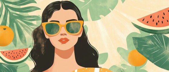 Young woman with sunglasses in a summer tropical setting with watermelon and oranges, enjoying the sun and warm weather Concept of summer, vacation, and relaxation