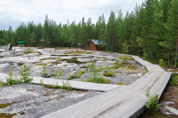White Sea petroglyphs archeological site in Zalavruga, 4,5 thousand years BC. Plateau with...