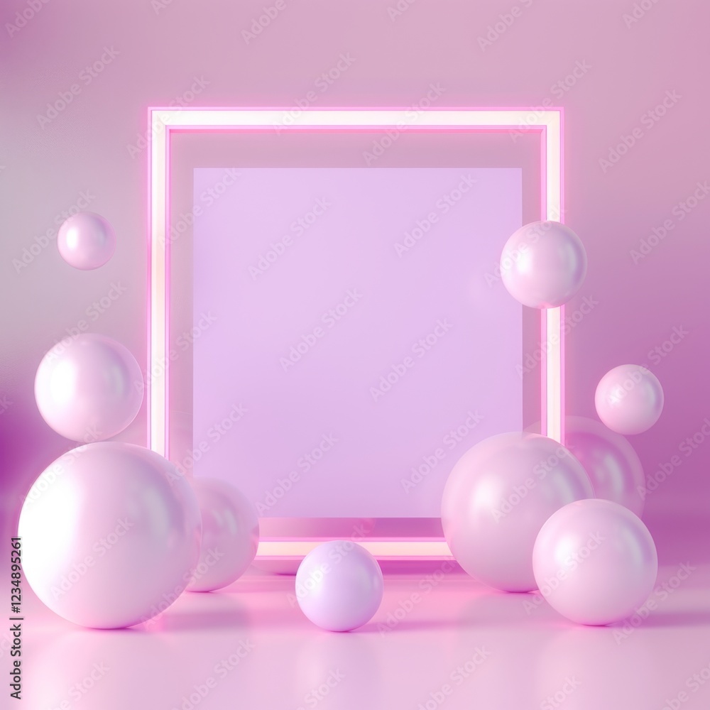 Poster neon frame with floating spheres in a surreal geometric composition for modern graphic design