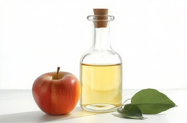 Beautiful glass bottle of apple cider vinegar, with an apple and oil next to it on a white background.