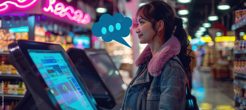 Poster smiling customer using self-checkout kiosk with digital receipt bubble in modern store setting