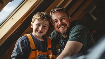 Portrait of smiling father and son working on loft conversion