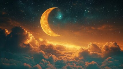 Fototapeta premium A Crescent Moon Glows Orange Above A Sea Of Clouds, Bathed In Warm Sunset Hues. Stars Twinkle In The Dark Sky, Creating A Dreamy, Peaceful Atmosphere.