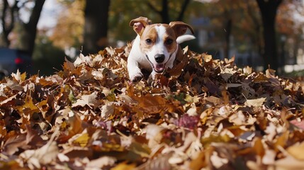 Energetic Jack Russell Playing in Leaf Pile