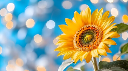 Fototapeta premium Bright sunflower against bokeh lights, summer