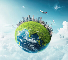 Naklejka premium Eco-Friendly City on a Green Planet with Renewable Energy and Airplane