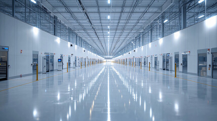 A clean and spacious distribution center with security checkpoints, motion sensors, and AI-powered surveillance ensuring safety. The modern industrial design with bright lighting creates an atmosphere