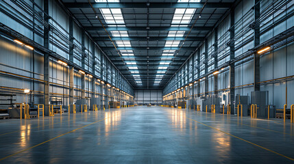 Obraz premium A clean and spacious distribution center with security checkpoints, motion sensors, and AI-powered surveillance ensuring safety. The modern industrial design with bright lighting creates an atmosphere