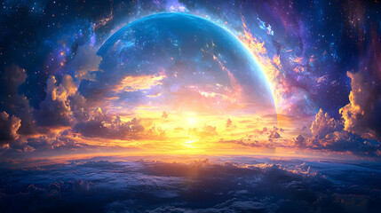 Fototapeta premium Alien planet sunrise, vibrant clouds, cosmic background, fantasy art