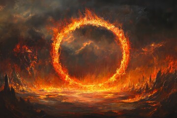 A Fiery Ring Floats Above A Hellish Landscape Of Lava And Fire, Creating A Dramatic And Apocalyptic Scene.
