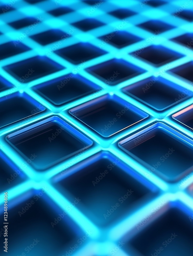 Poster a close-up view of a glowing blue grid pattern showcasing modern digital design and technology
