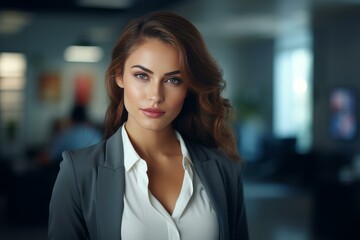 Obraz premium Portrait of a businesswoman standing in a modern office, exuding confidence and professionalism