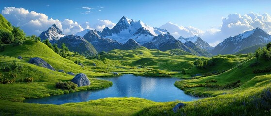 Fototapeta premium Serene Mountain Landscape at Sunset Alpine Peaks Reflecting Golden Light Wilderness Nature Photography Stock