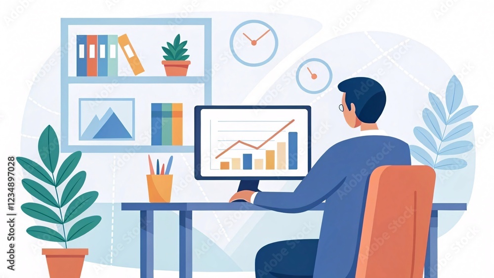 Poster data analysis and business growth strategies office workspace illustration modern environment overhe