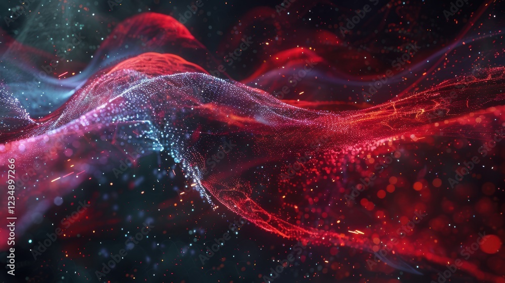 Poster abstract sound waves: flowing ribbons of light with vibrant particles for digital art and design