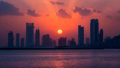 Fototapeta premium Dubai skyline at sunset, United Arab Emirates. Dubai is the fastest growing city in the world.