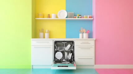 The white kitchen and opened dishwasher with clean dishes on colourful background