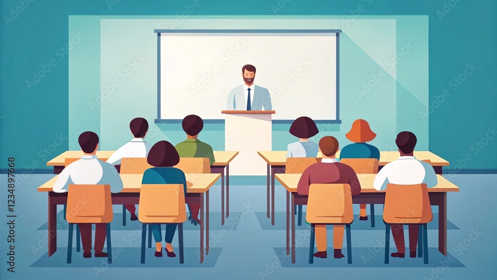 Poster engaging classroom presentation on new teaching strategies educational setting illustration bright e