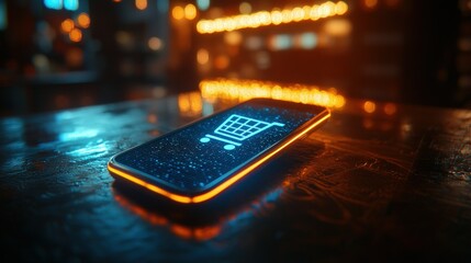 Smartphone shopping cart icon on counter, blurred bar background
