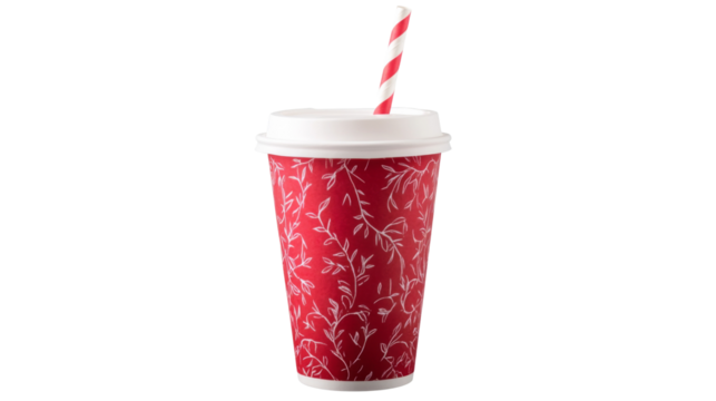 Red disposable paper cup with white lid and red striped straw on transparent background - Powered by Adobe