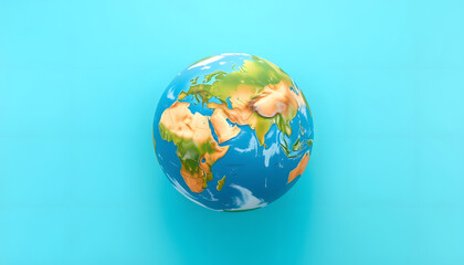 Obraz premium top view of planet model on turquoise background, earth day concept, with white tones