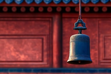 Obraz premium Large bronze bell hanging with rope and metal hook in a buddhist temple in china, with red painted wooden walls and blue roof tiles, conveying tradition, spirituality and peace