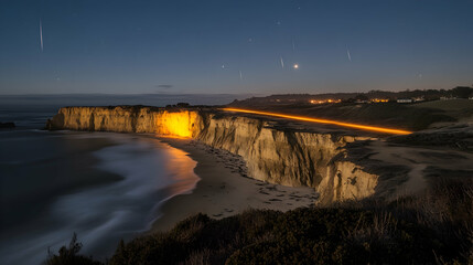 Night coastal cliff road, light trails, stars. Landscapes use