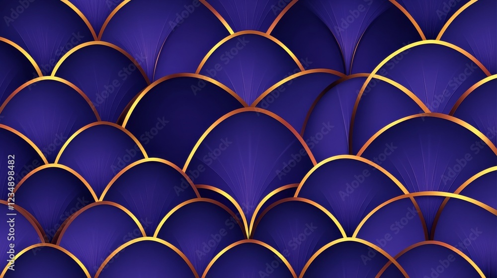 Poster elegant purple and gold patterned background featuring overlapping scalloped shape, ideal for design