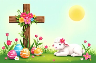 Easter card motif with Christian cross in flowers, colorful eggs, lamb on spring green grass on a clear sunny day. Horizontal concept of religious holiday