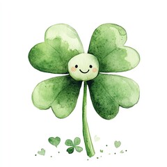 A cute shamrock with a smiling face Watercolor on white background