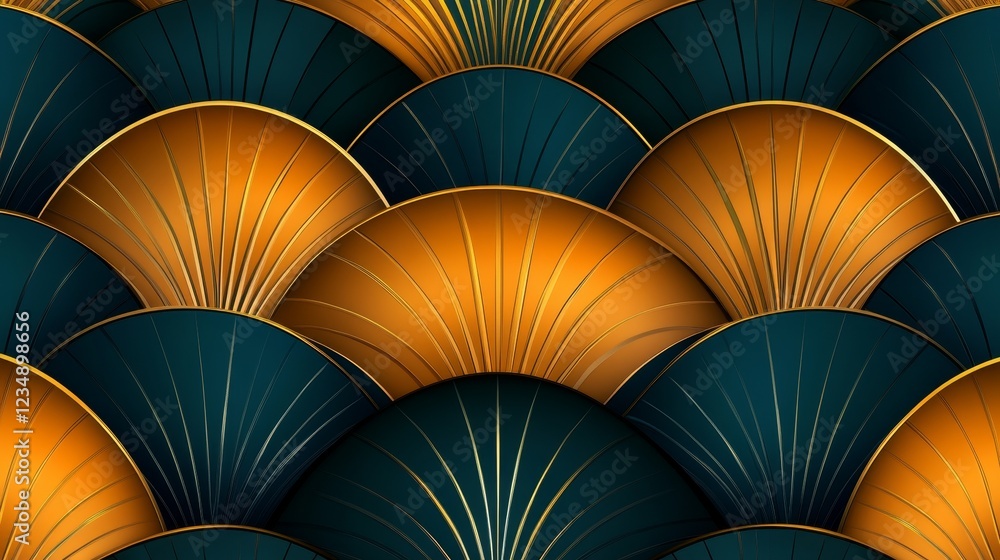 Poster elegant pattern of overlapping fan shape in rich teal and gold, creating a luxurious backdrop