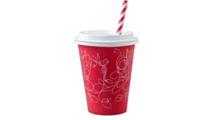 Red paper cup with white lid and red striped straw on transparent background