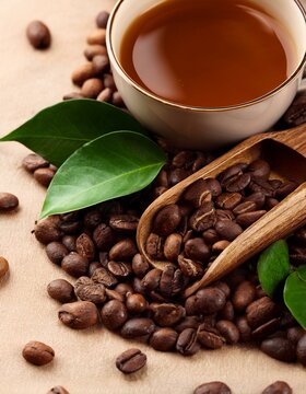 una mezcla de granos de cafe tostados con hojas de t&eacute; e infusi&oacute;n