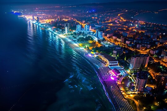 Aerial view of the beach at night in Gdansk, Poland