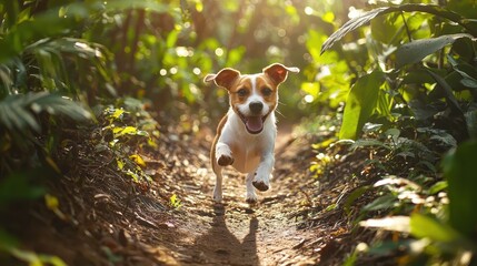 Fototapeta premium Energetic Jack Russell Running with Owner on Trail