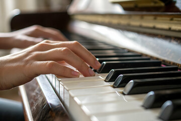 Obraz premium stress management, A close-up of hands playing the piano, capturing the elegance of music creation on a vintage instrument with a warm, inviting atmosphere.